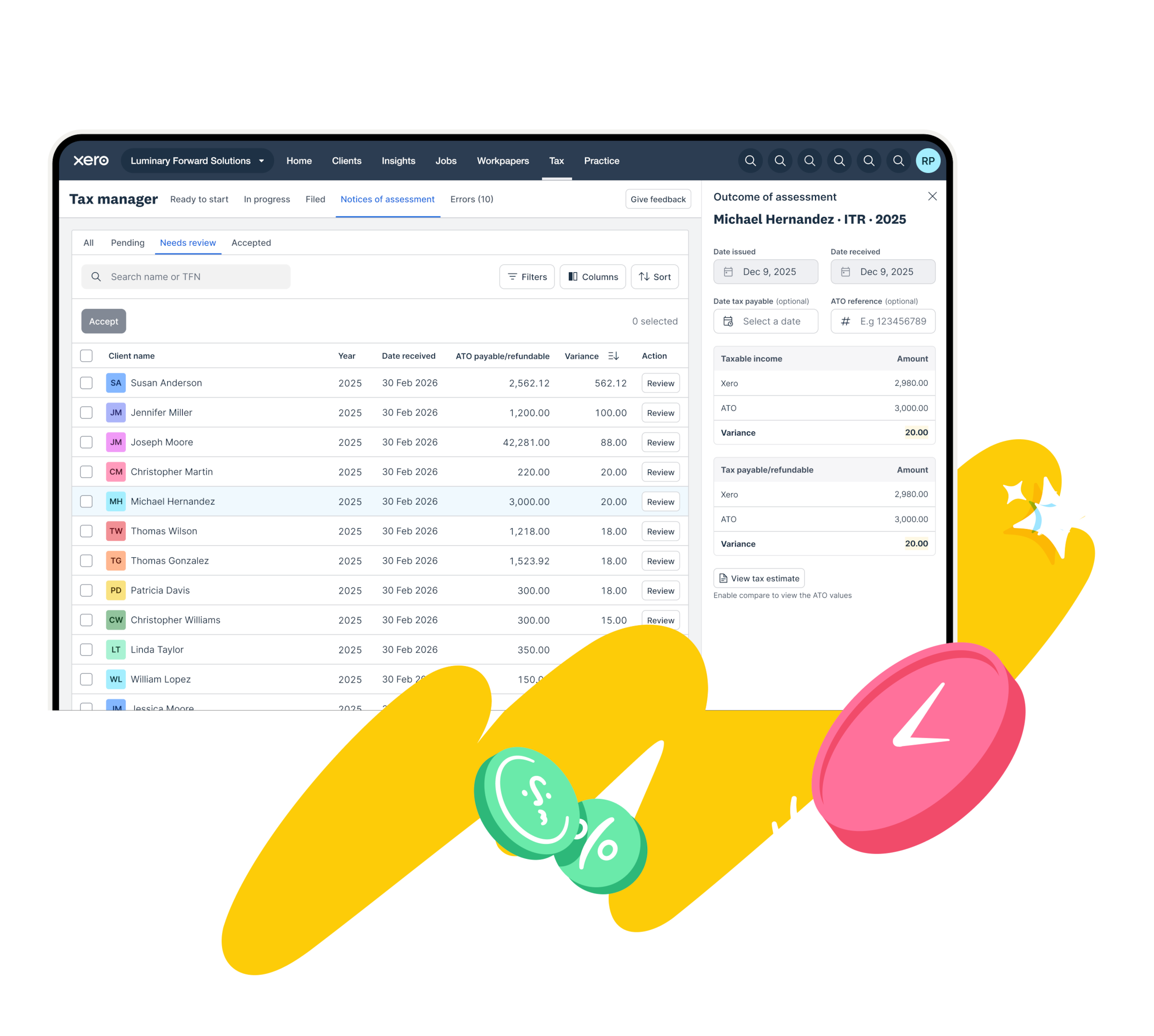 Xero Tax Manager Notices of Assessment screen comparing ATO and Xero taxable income variance